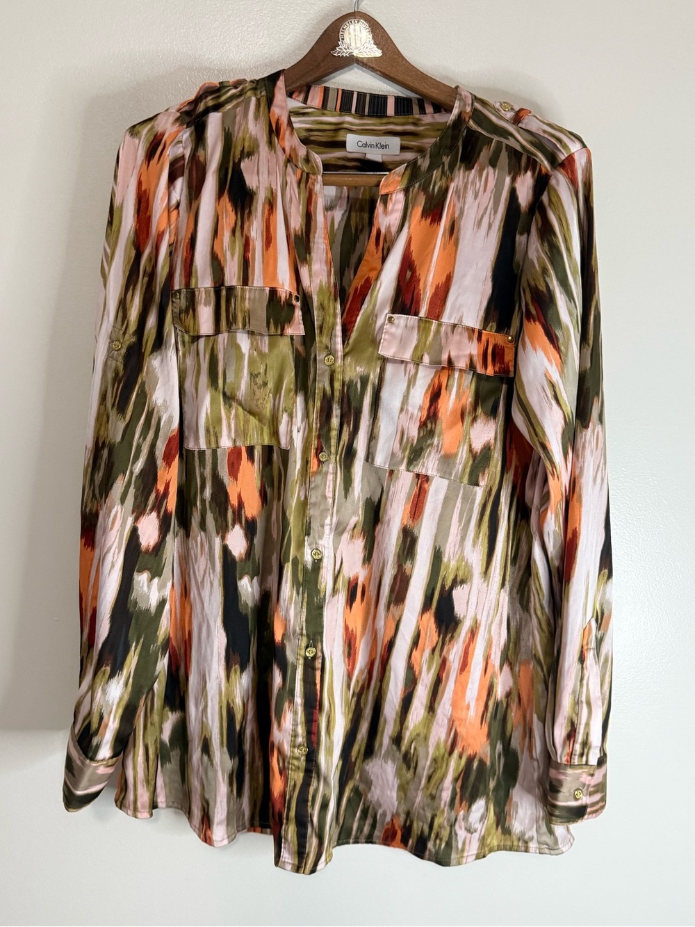 Calvin Klein Olive & Coral Abstract Print Button-Front Women's Blouse size large